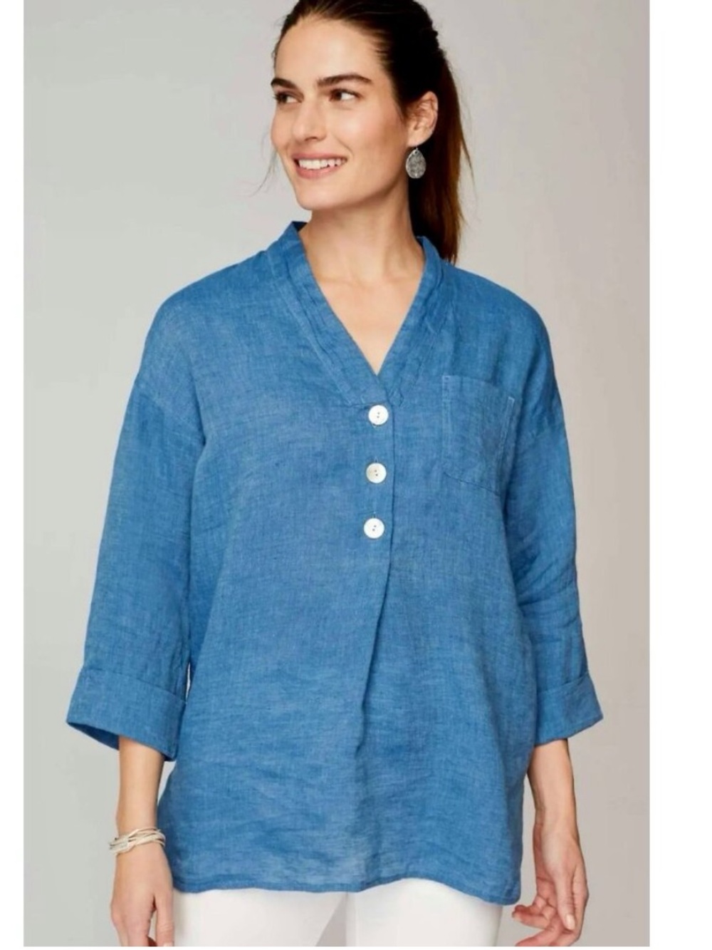 J. Jill Linen Tunic Top Blouse Blue L Button Front Popover Relaxed Coastal